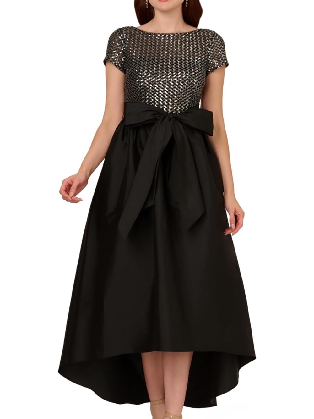 Adrianna Papell Black Sequin Bodice High-Low Dress with Waist Bow